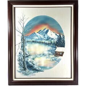 Oil Painting Winter At Dawn Cabin On Pond Signed Margaret Peggy Ledgard 1988